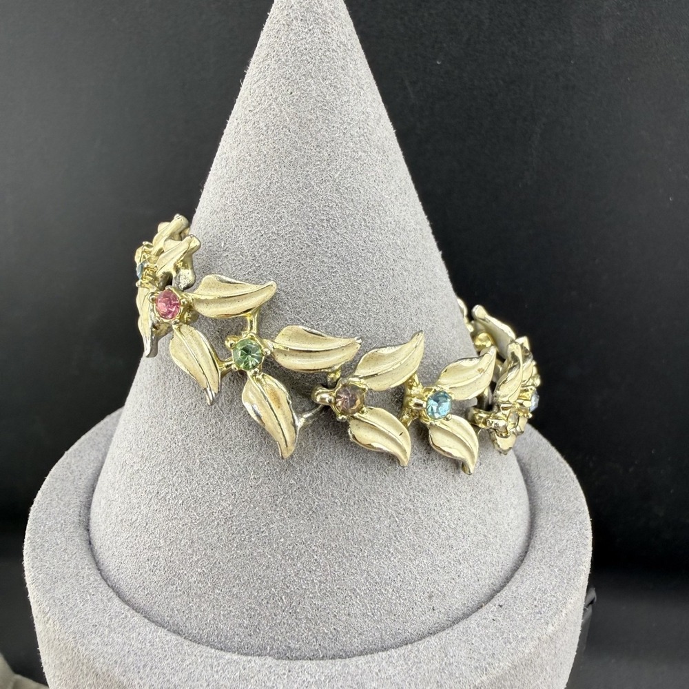 Vintage Estate Rhinestone Bracelet Gold Tone Enamel Pastel Leaf Floral 7"